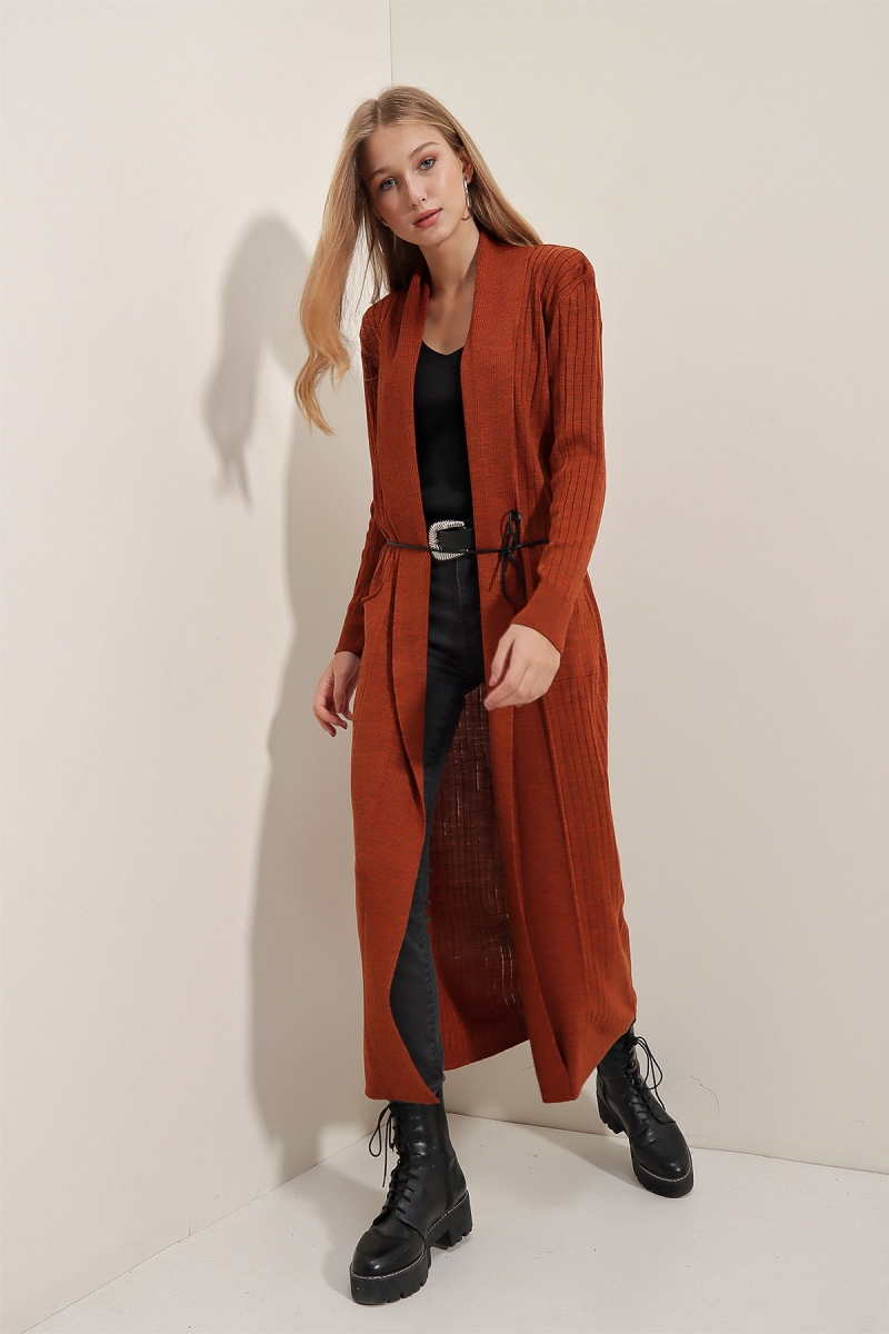 15690 Uzun Triko Hırka - Kiremit - BİGDART