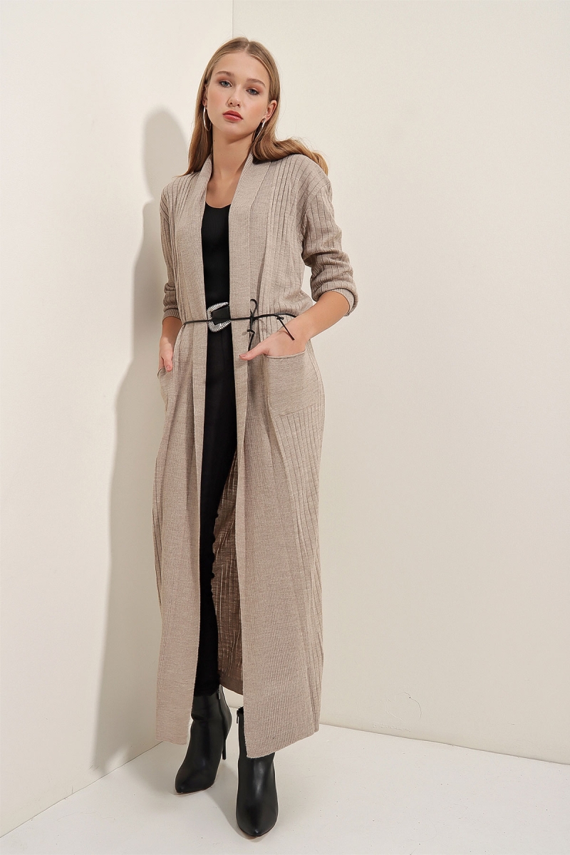 15690 Uzun Triko Hırka - Bej - BİGDART