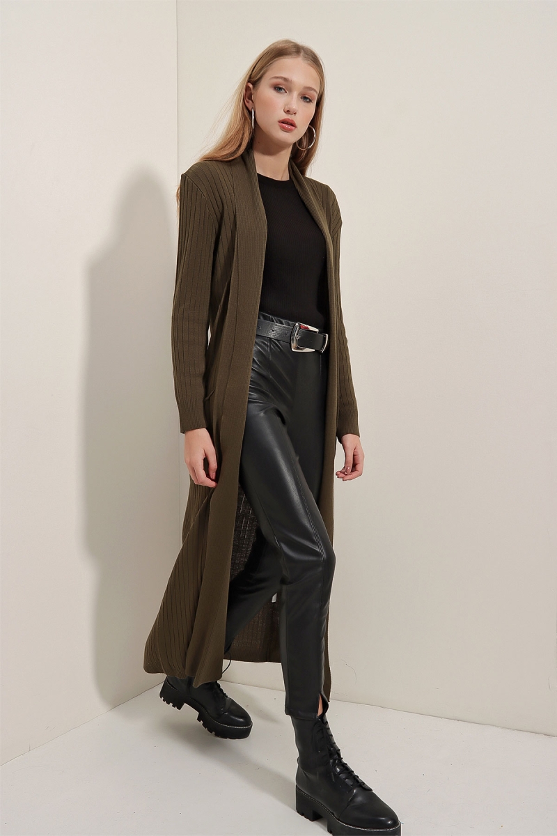 15690 Uzun Triko Hırka - Haki - BİGDART