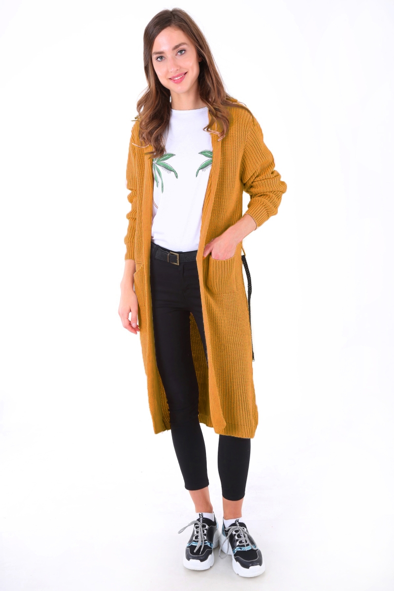 15693 Kapşonlu Triko Hırka - Hardal - BİGDART