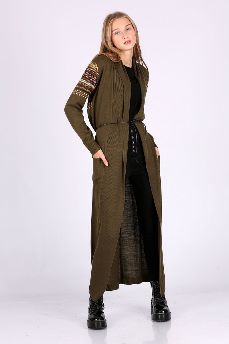 15725 Kemerli Desenli Uzun Triko Hırka - Haki - BİGDART