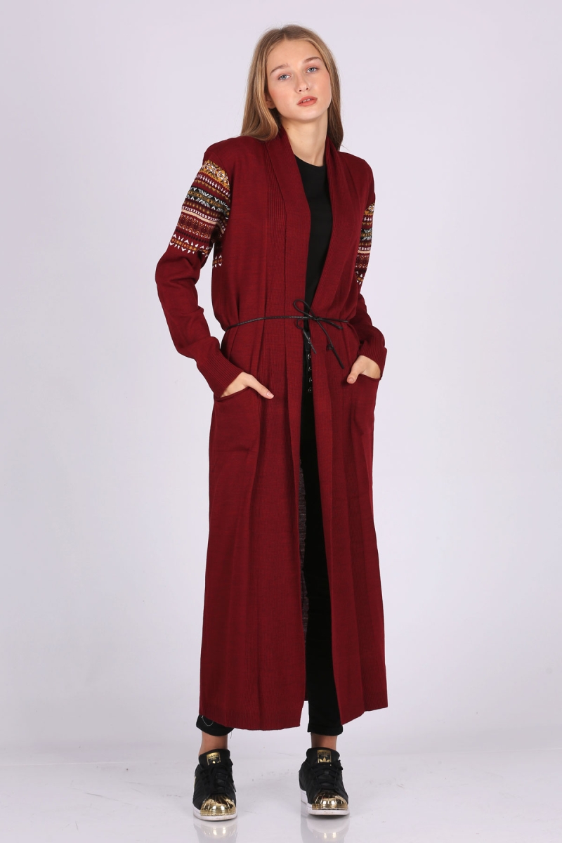 15725 Kemerli Desenli Uzun Triko Hırka - Bordo - BİGDART