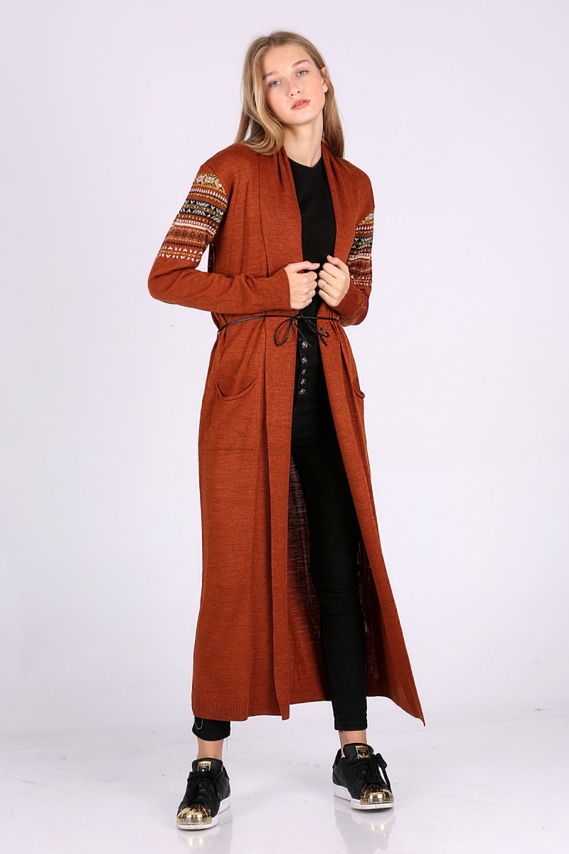 15725 Kemerli Desenli Uzun Triko Hırka - Kiremit - BİGDART