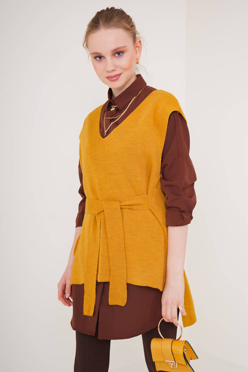 15760 Kuşaklı Triko Süveter - Hardal - BİGDART