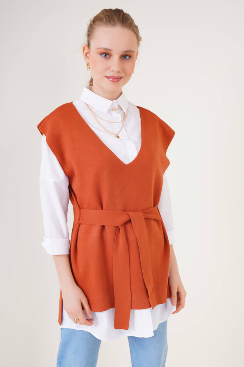 15760 Kuşaklı Triko Süveter - Kiremit - BİGDART