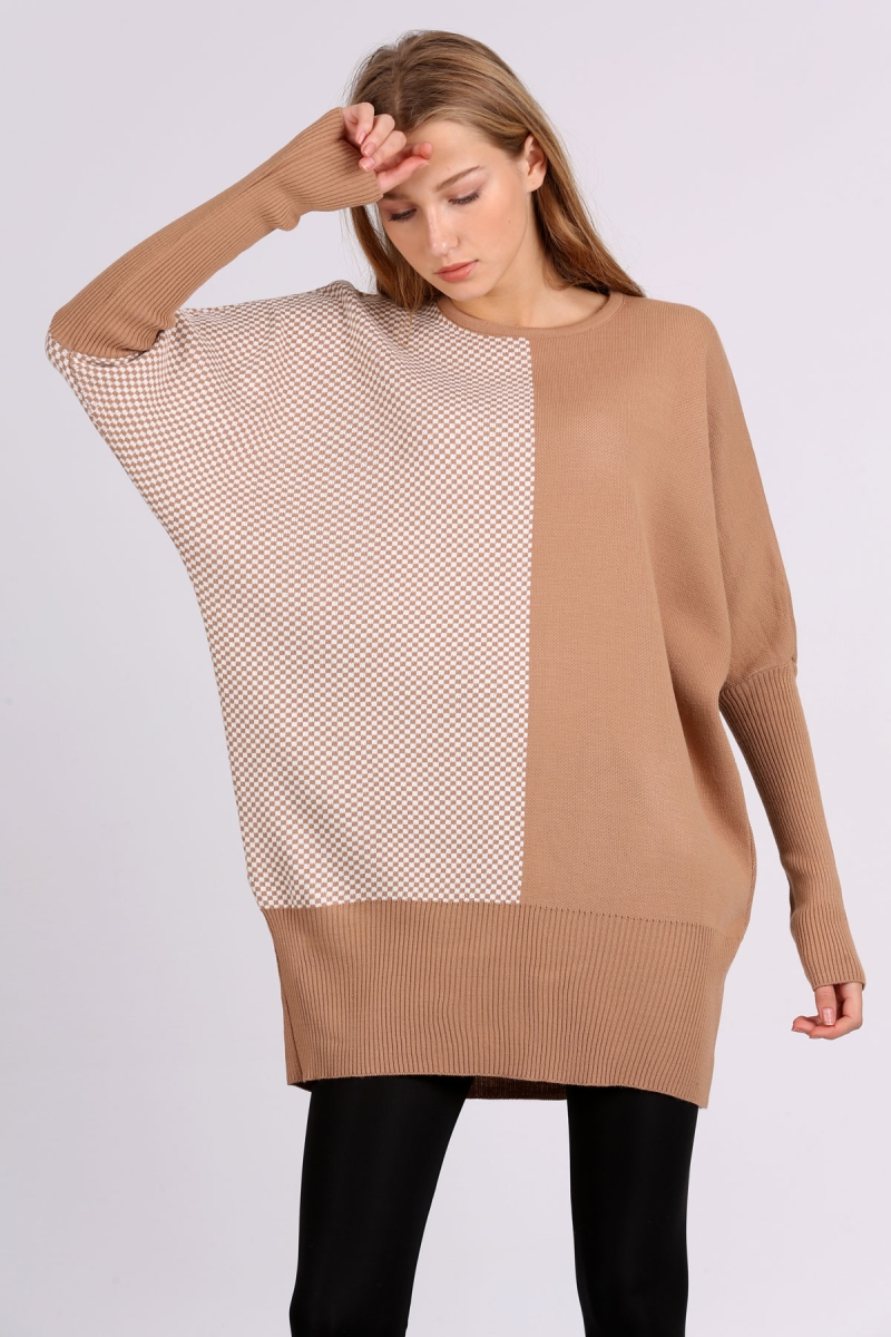 15763 Blok Renkli Triko Kazak - Vizon - BİGDART