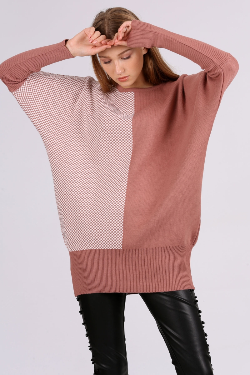 15763 Blok Renkli Triko Kazak - Pudra - BİGDART