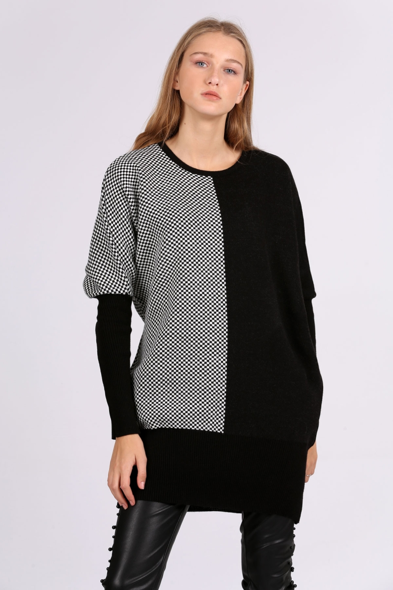 15763 Blok Renkli Triko Kazak - Siyah - BİGDART