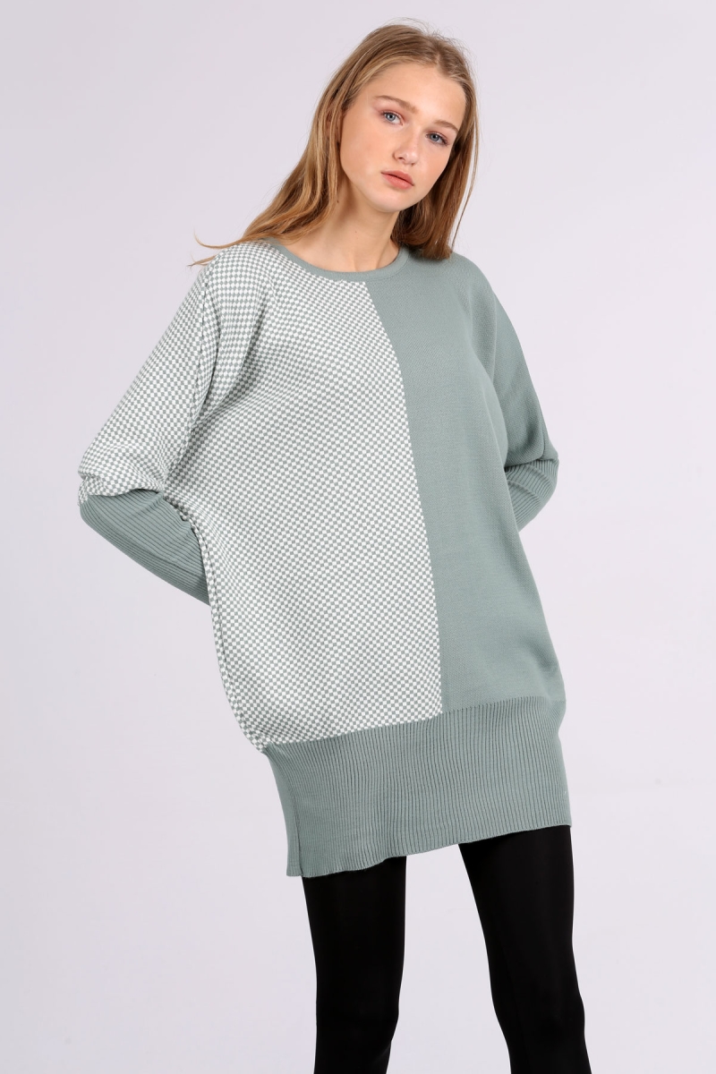 15763 Blok Renkli Triko Kazak - Çağla - BİGDART