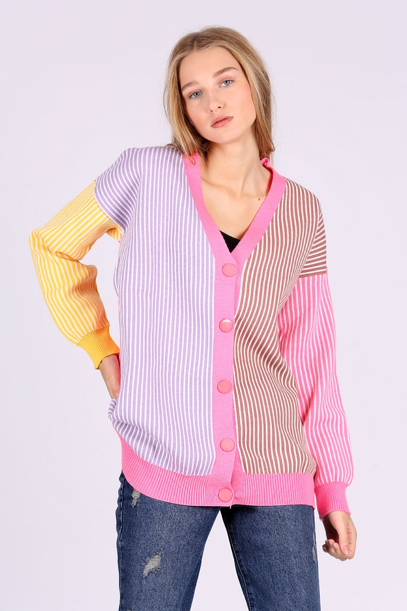 15764 Çok Renkli Boyfriend Çizgili Hırka - Pembe - BİGDART