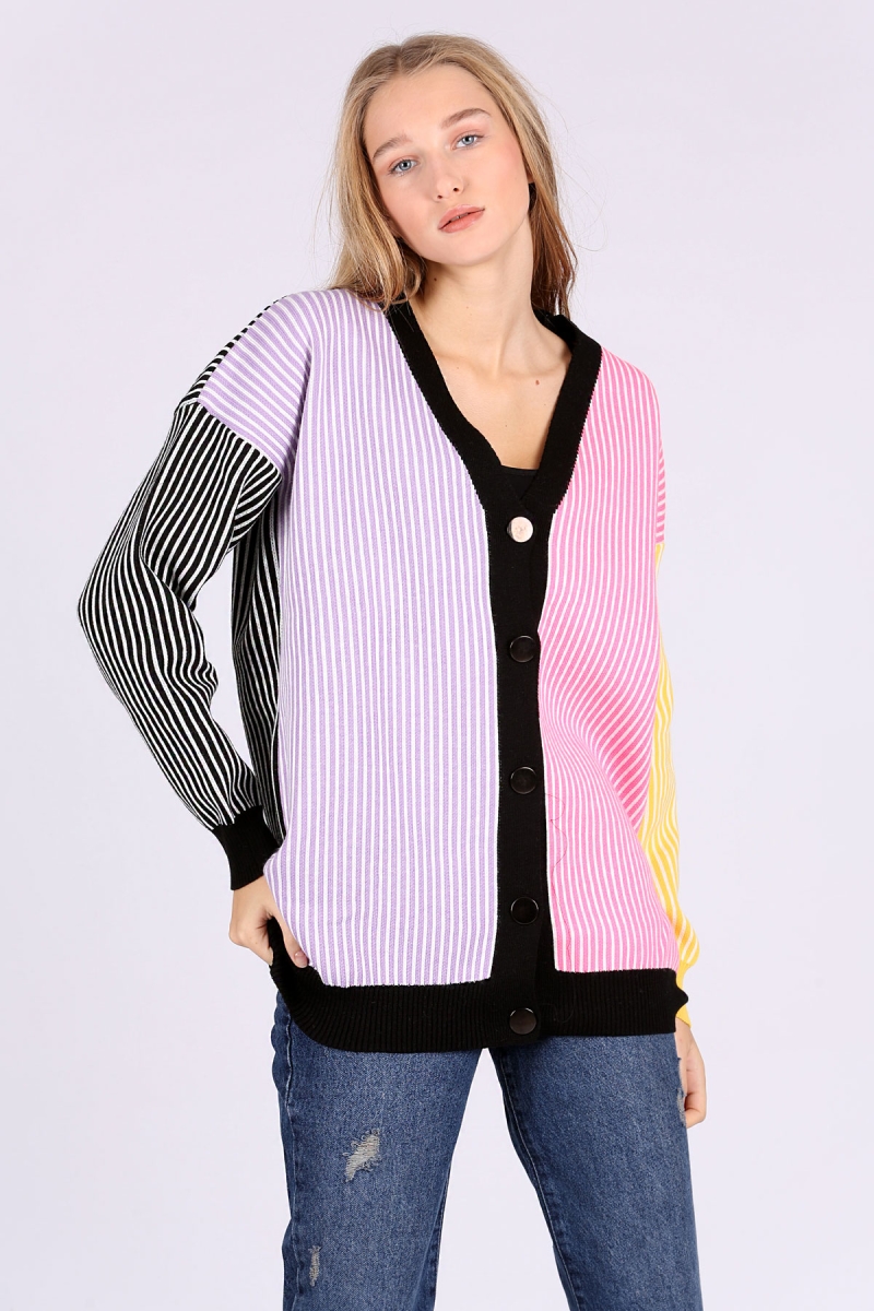 15764 Çok Renkli Boyfriend Çizgili Hırka - Siyah - BİGDART