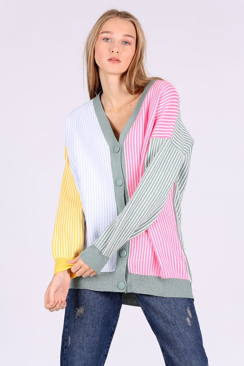 15764 Çok Renkli Boyfriend Çizgili Hırka - Çağla - BİGDART
