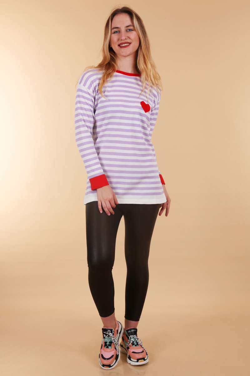 15766 Kalp Detaylı Siyah Beyaz Çizgili Oversize Triko Kazak - Lila - BİGDART