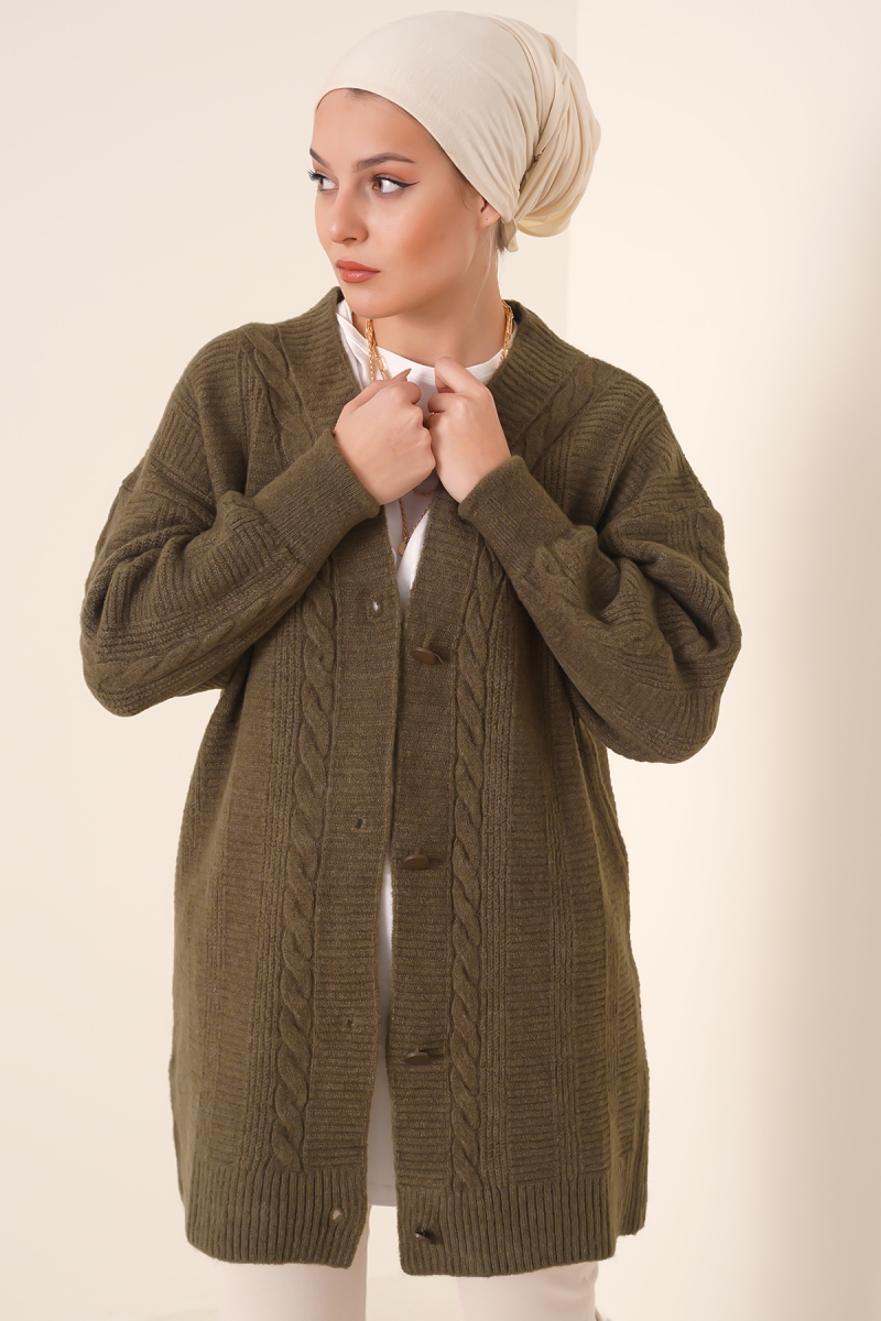 15768 Tesettür Triko Hırka - Haki - BİGDART