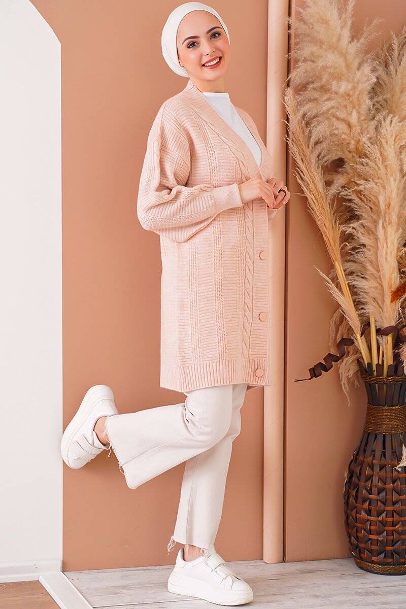 15768 Tesettür Triko Hırka - Pudra - BİGDART