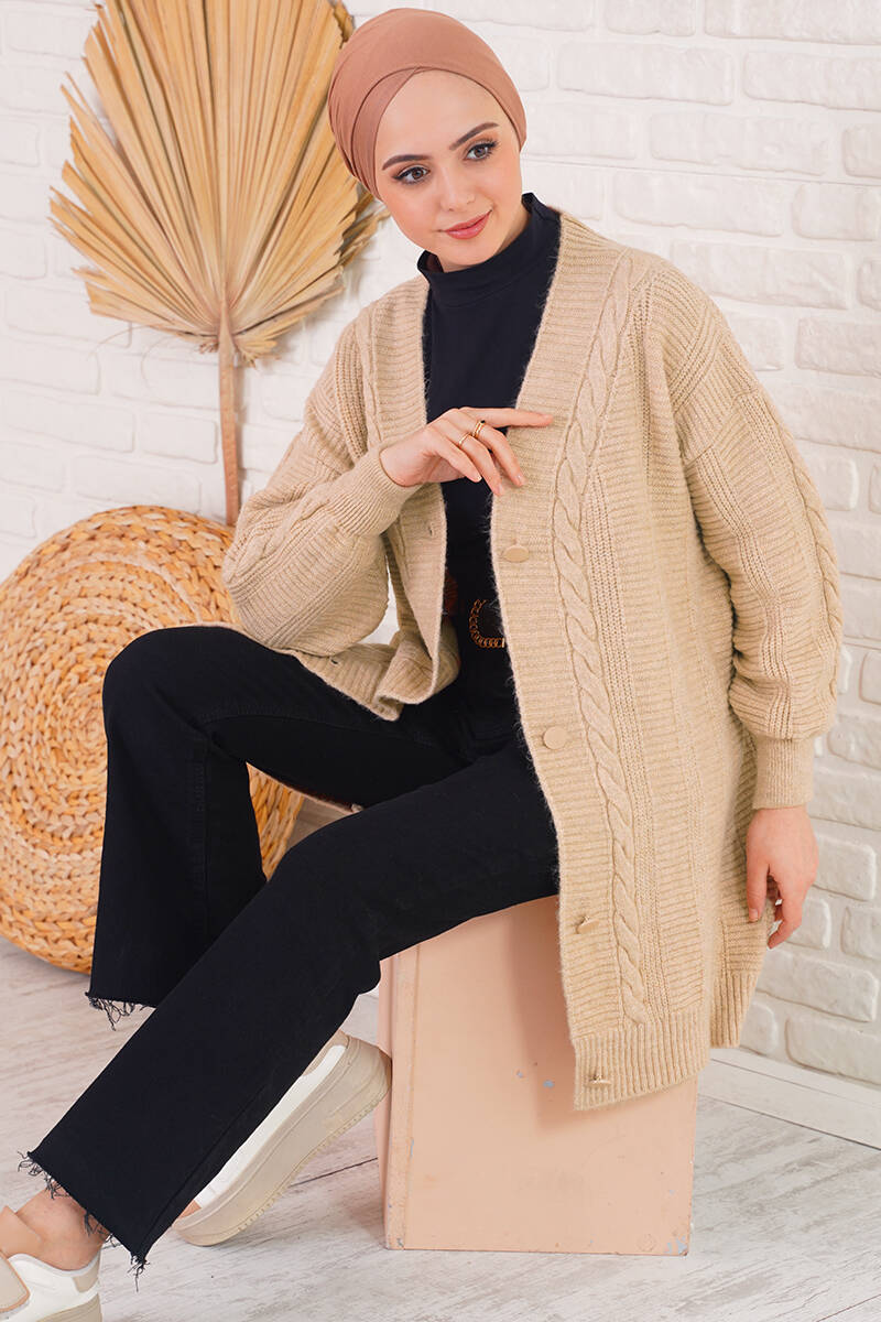 15768 Tesettür Triko Hırka - Bisküvi - BİGDART