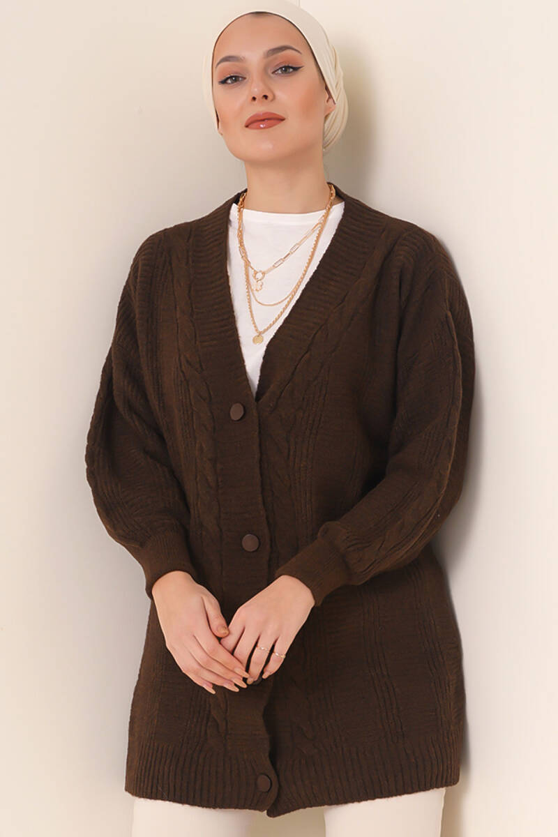 15768 Tesettür Triko Hırka - Kahverengi - BİGDART