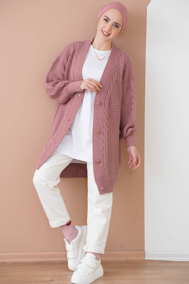 15768 Tesettür Triko Hırka - Gül Kurusu - BİGDART