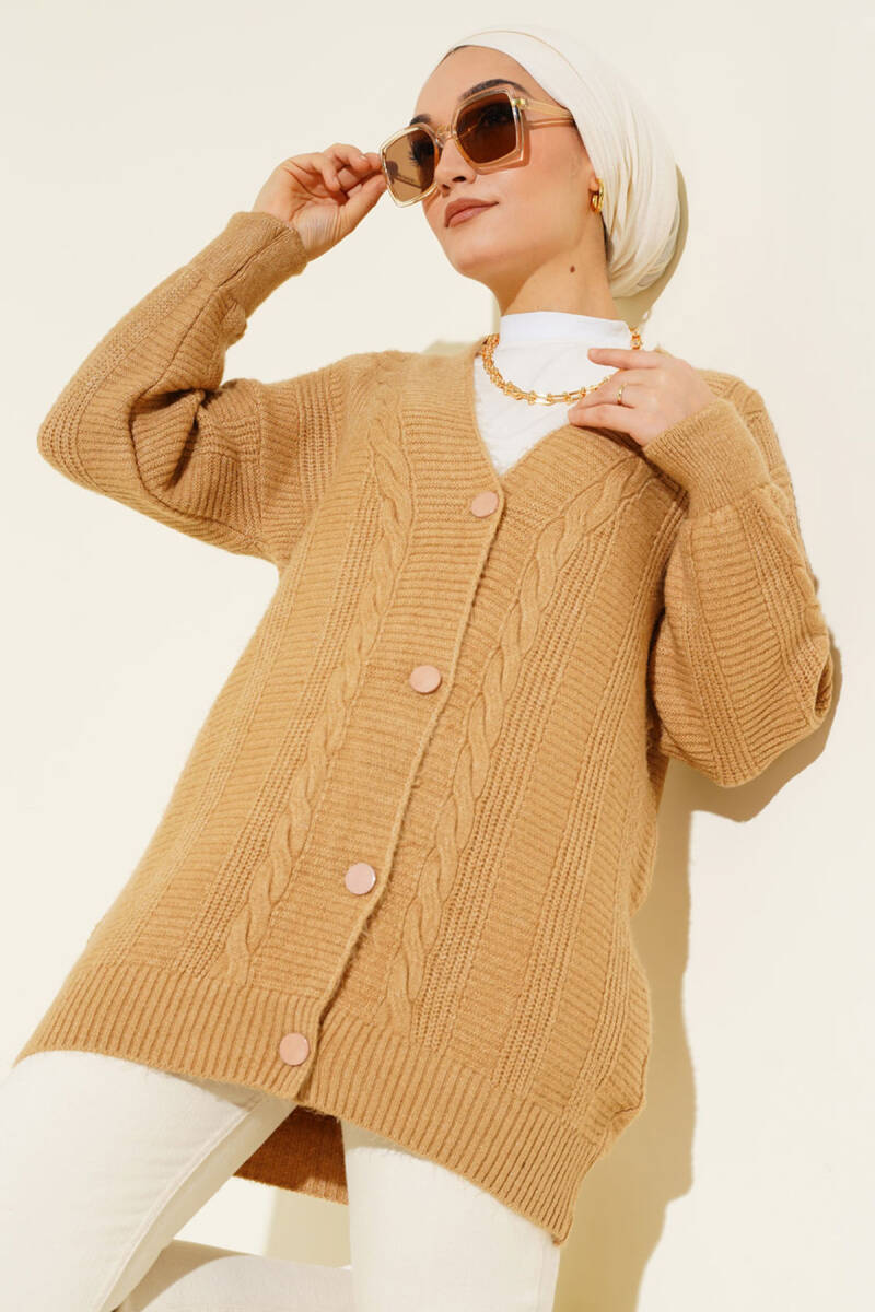 15768 Tesettür Triko Hırka - Vizon - BİGDART