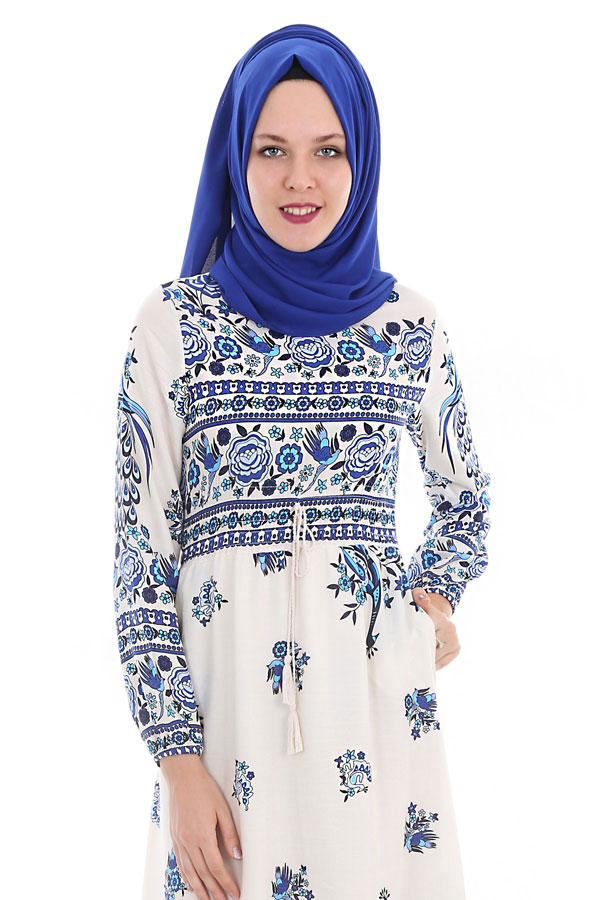 1577 BELİ LASTİKLİ DESENLİ TESETTÜR ELBİSE - Saks - BİGDART