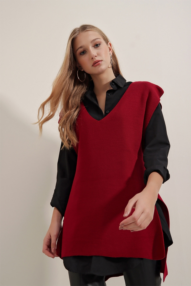 15770 Kuşaklı Triko Süveter - Bordo - BİGDART