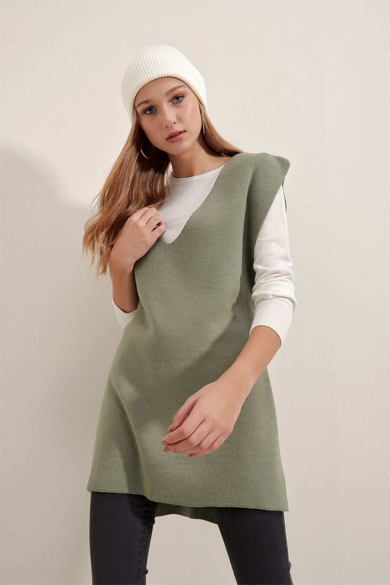 15770 Kuşaklı Triko Süveter - Haki - BİGDART