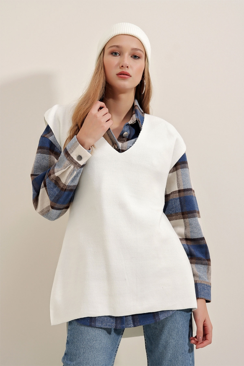 15770 Kuşaklı Triko Süveter - Beyaz - BİGDART