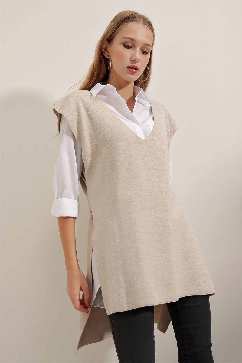 15770 Kuşaklı Triko Süveter - Bej - BİGDART