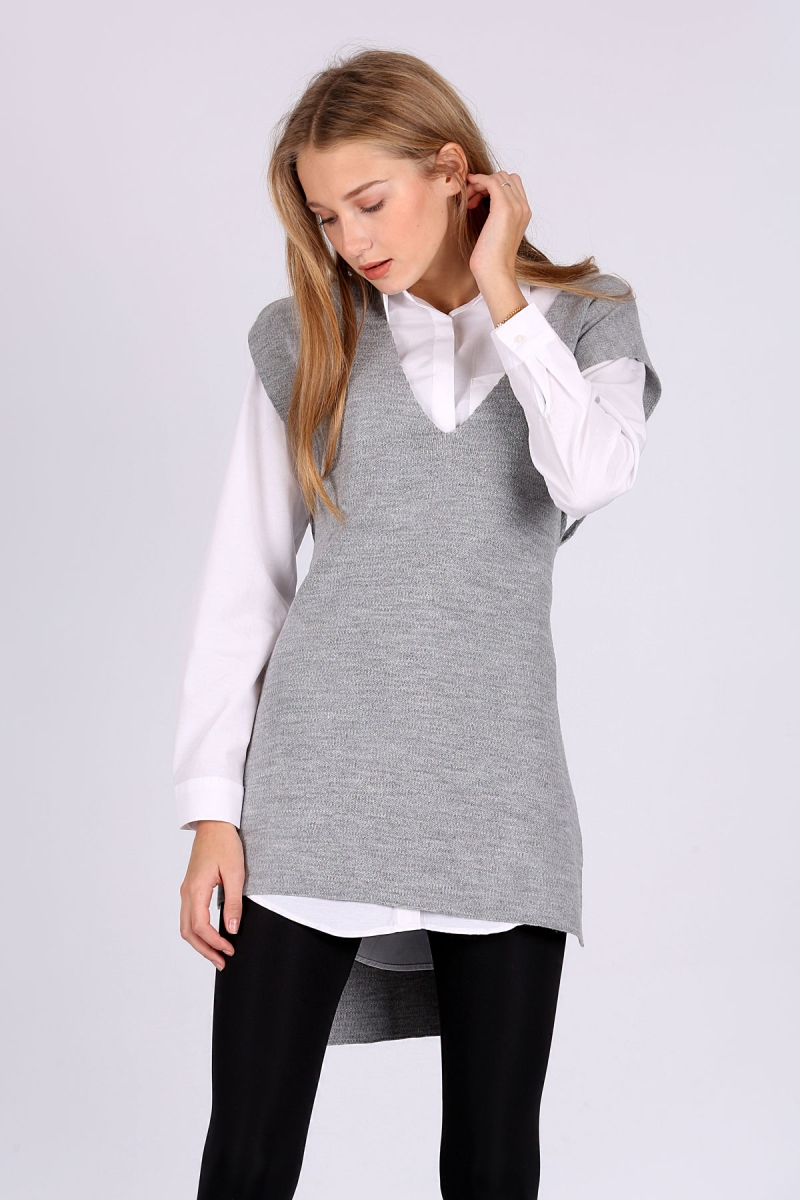 15770 Kuşaklı Triko Süveter - Gri - BİGDART