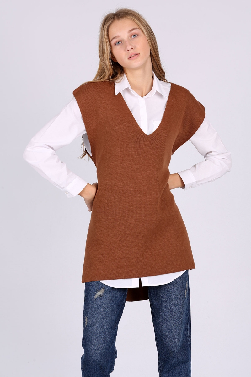 15770 Kuşaklı Triko Süveter - Taba - BİGDART