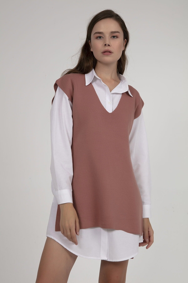 15770 Kuşaklı Triko Süveter - Gül Kurusu - BİGDART