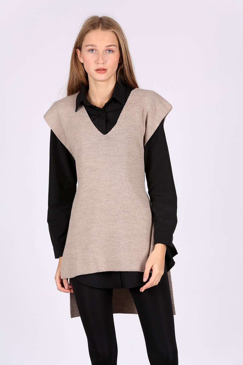 15770 Kuşaklı Triko Süveter - Taş - BİGDART