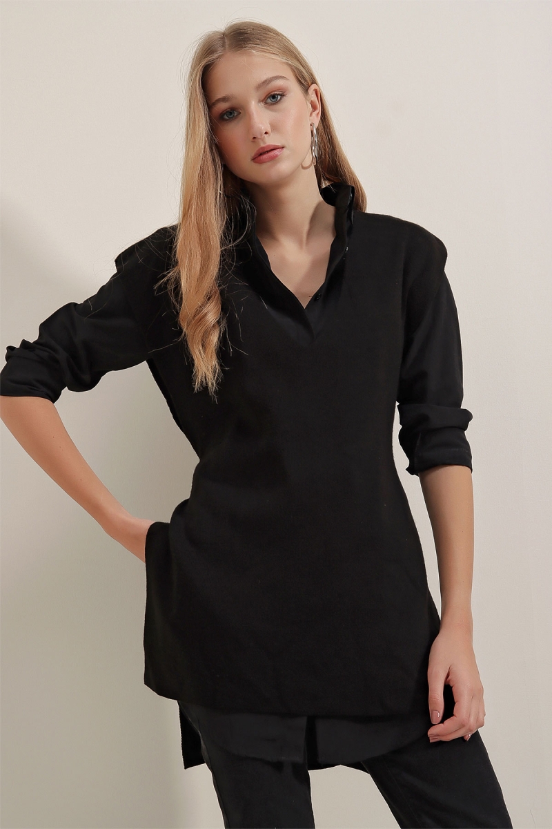 15770 Kuşaklı Triko Süveter - Siyah - BİGDART