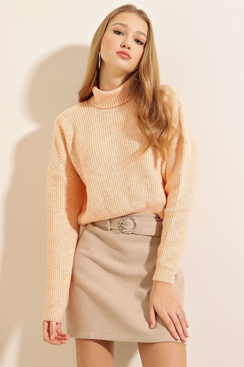 15771 Crop Boğazlı Kazak - Pudra - BİGDART