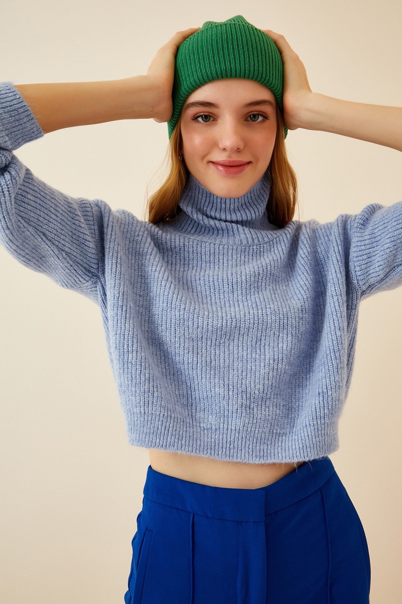 15771 Crop Boğazlı Kazak - Mavi - BİGDART