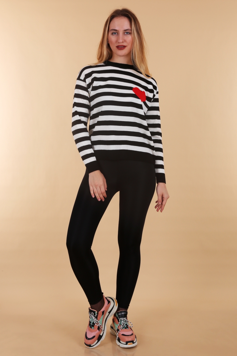 15776 Çizgili Triko Kazak - Siyah - BİGDART