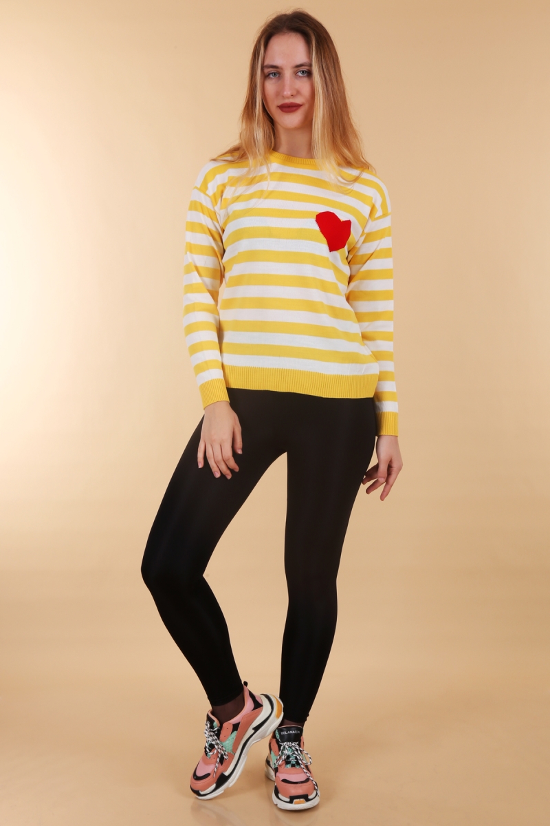 15776 Çizgili Triko Kazak - Sarı - BİGDART