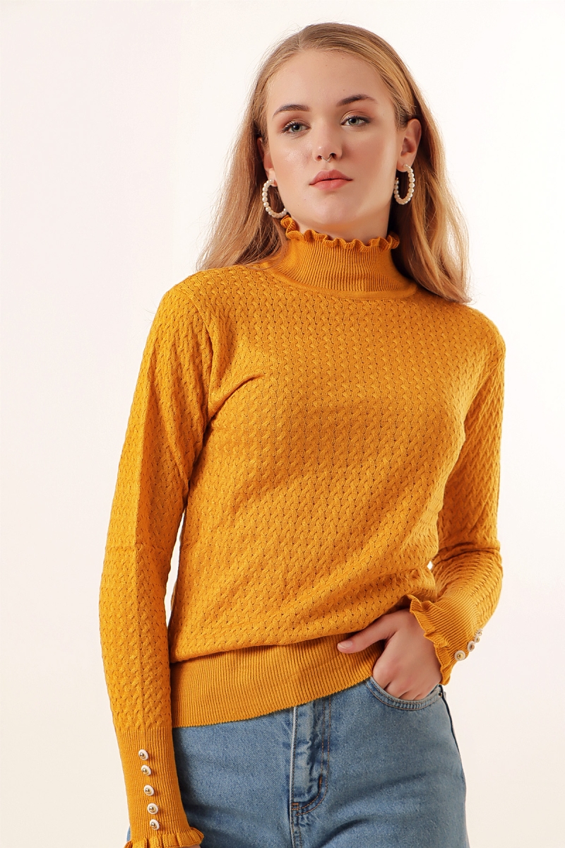 15786 Düğmeli Balıkçı Yaka Kazak - Hardal - BİGDART