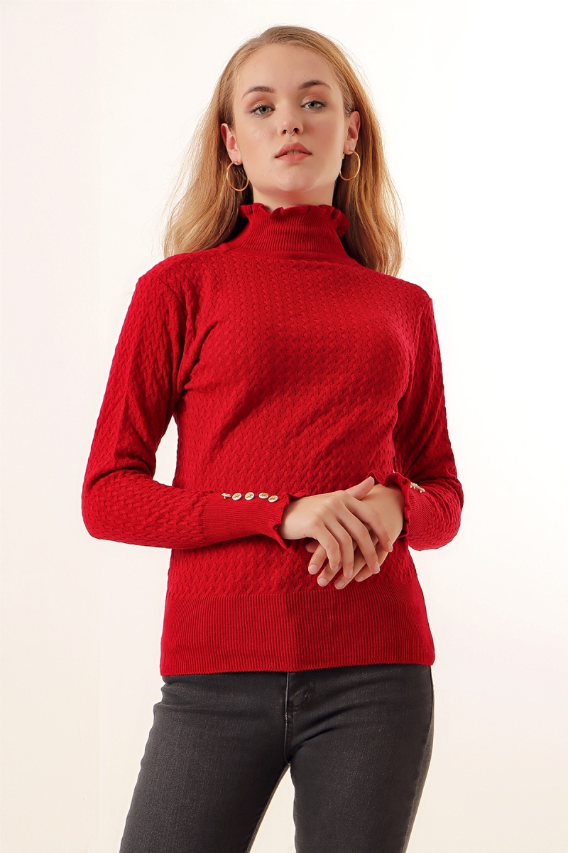 15786 Düğmeli Balıkçı Yaka Kazak - Kırmızı - BİGDART