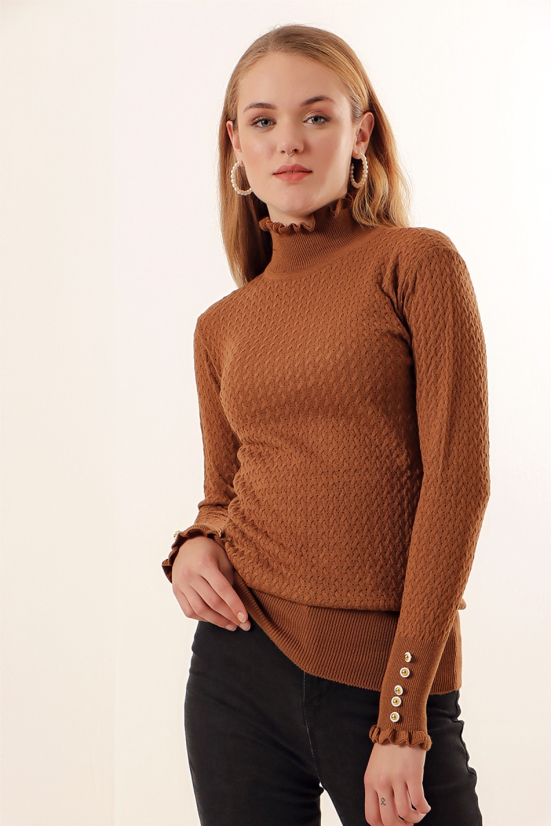 15786 Düğmeli Balıkçı Yaka Kazak - Taba - BİGDART