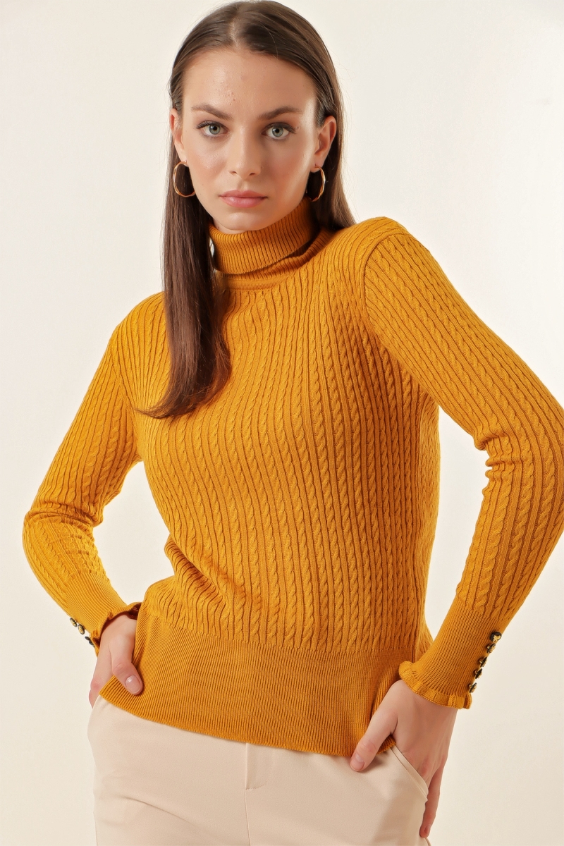 15787 Düğmeli Balıkçı Yaka Kazak - Hardal - BİGDART