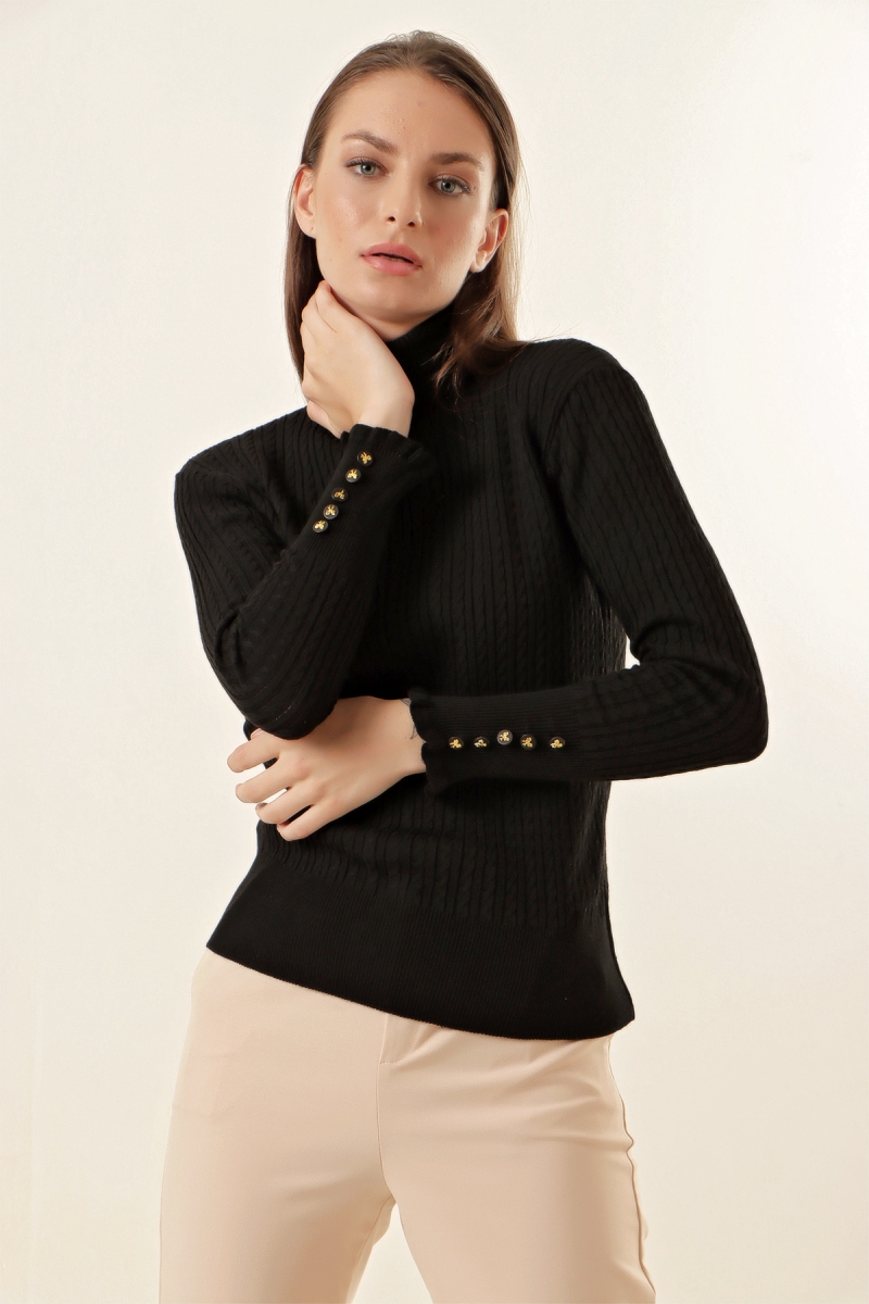 15787 Düğmeli Balıkçı Yaka Kazak - Siyah - BİGDART