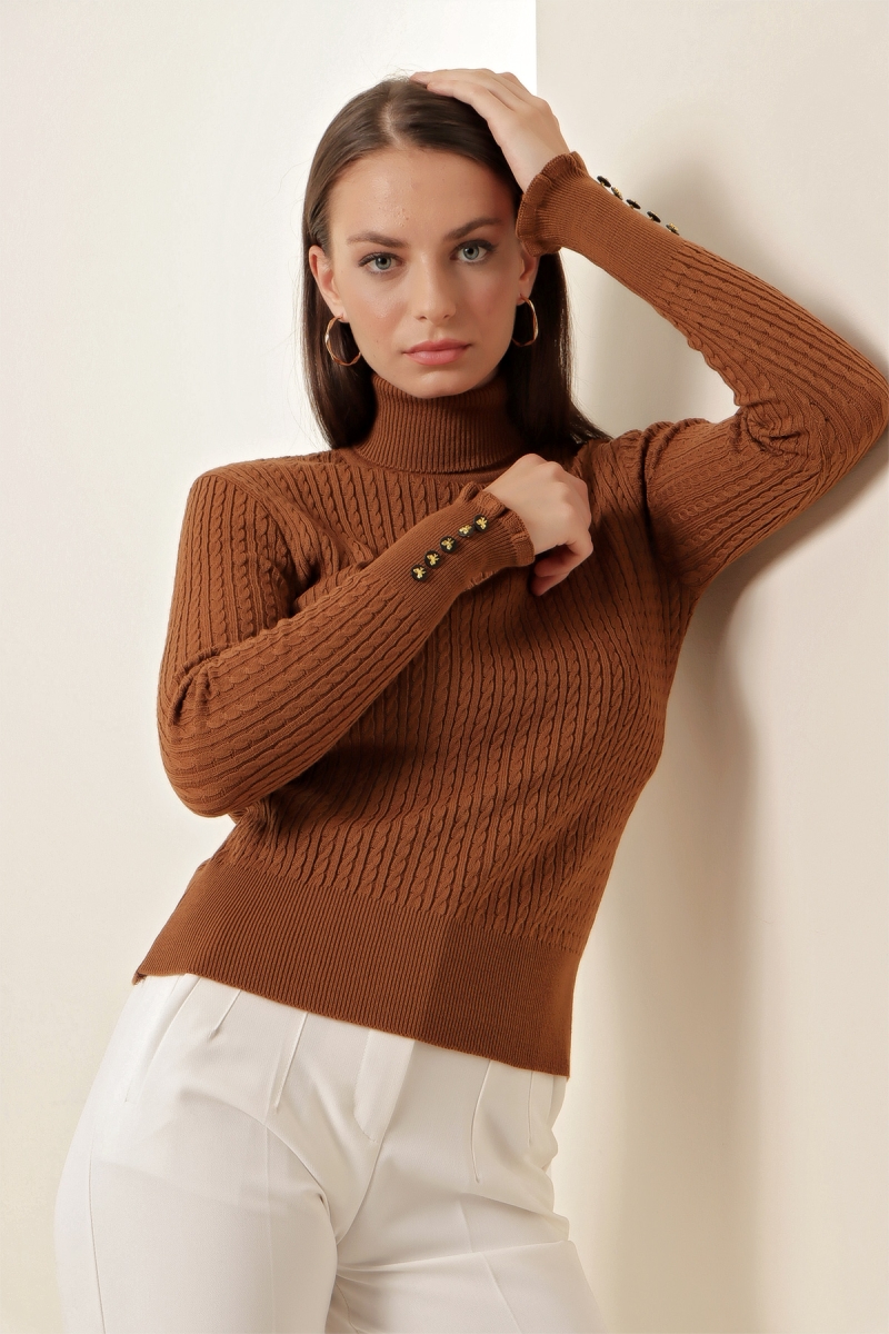 15787 Düğmeli Balıkçı Yaka Kazak - Taba - BİGDART