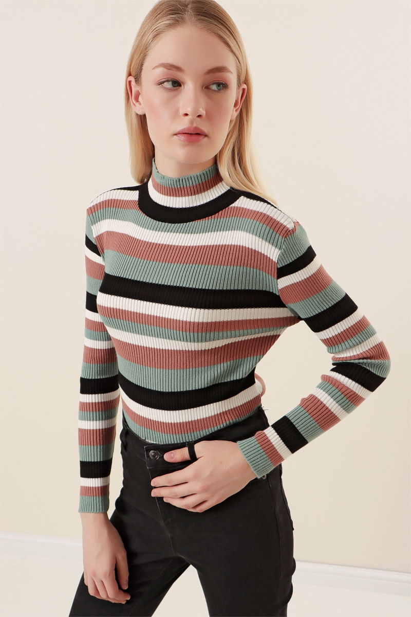 15789 Çok Renkli Boğazlı Kazak - Mint - BİGDART