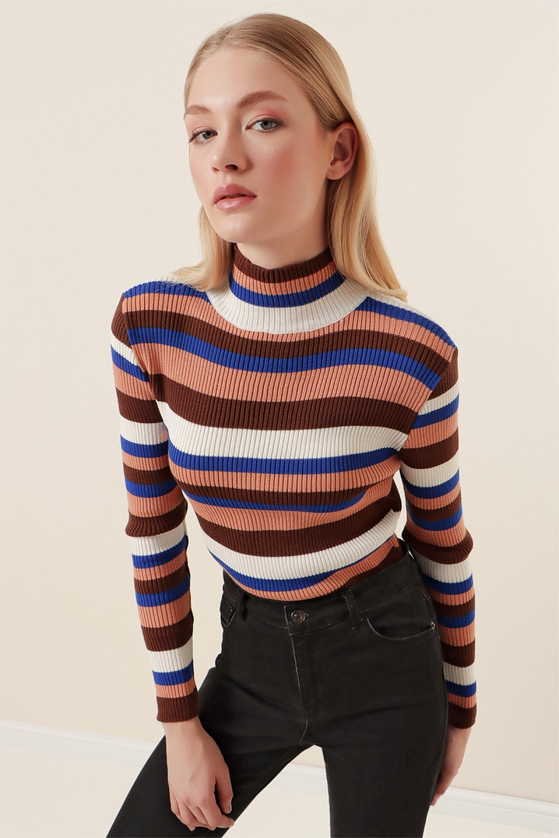 15789 Çok Renkli Boğazlı Kazak - Saks - BİGDART