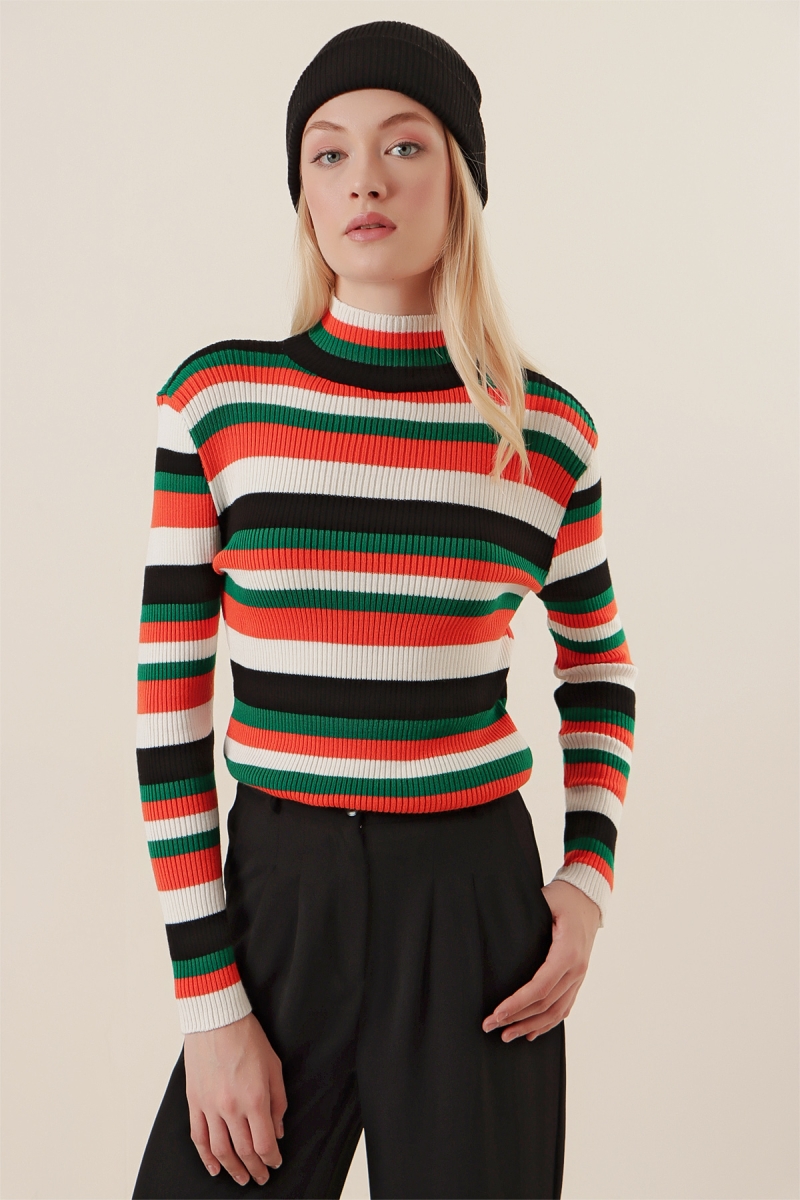 15789 Çok Renkli Boğazlı Kazak - Turuncu - BİGDART