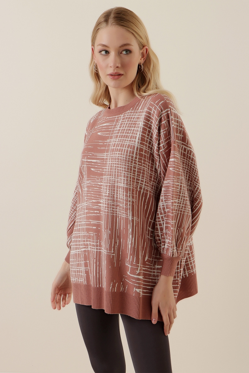 15790 Desenli Oversize Kazak - Gül Kurusu - BİGDART