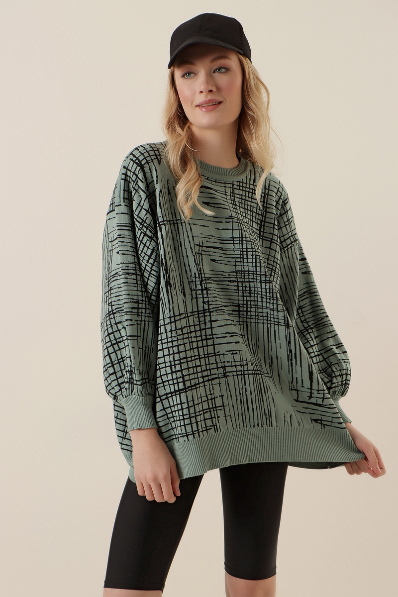 15790 Desenli Oversize Kazak - Mint - BİGDART