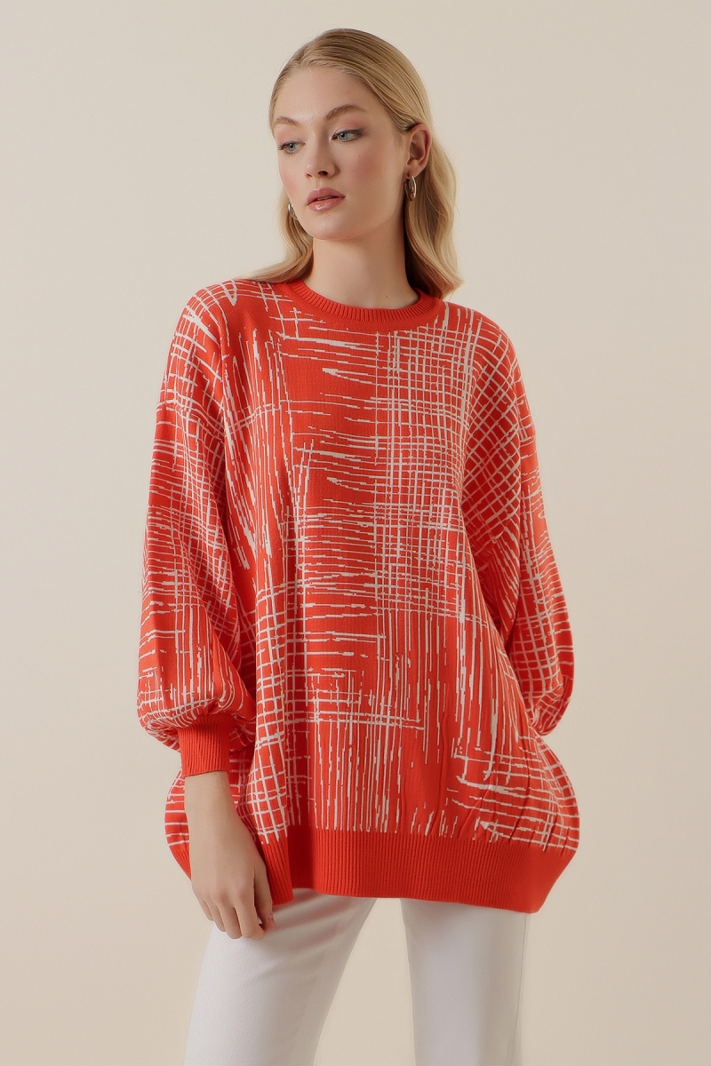 15790 Desenli Oversize Kazak - Turuncu - BİGDART