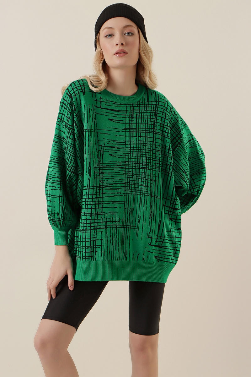 15790 Desenli Oversize Kazak - Yeşil - BİGDART